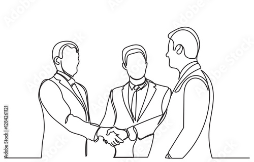 continuous line drawing of Happy confident business partners men shaking hands. Line art vector business people are meeting and shaking their hands to deal with a contract. concept of Trust agreement 