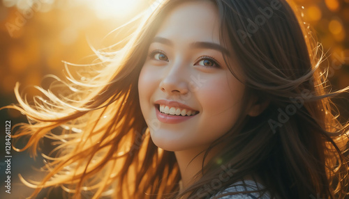 Radiant Smile: A beautiful young woman exudes warmth and happiness, her hair gently blowing in the wind as she basks in the golden sunlight, capturing the essence of joy and natural beauty.