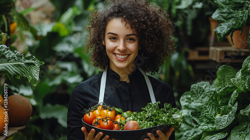 Vegan expert recommending a plant-based diet with colorful fruits. High quality  photo