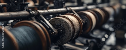 Vintage textile machinery with rows of thread spools in industrial setting photo