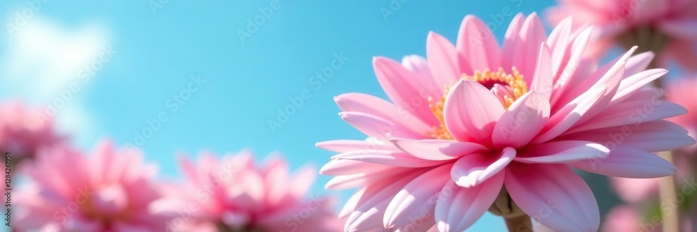 Soft pink petals of chrysanthemum against blue sky, nature, garden, colorful blooms Soft pink petals of chrysanthemum against blue sky, nature, garden, colorful blooms