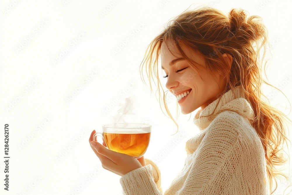 A radiant young woman enjoying a steaming cup of tea, smiling peacefully with her eyes closed, wrapped in a cozy white sweater against a bright, soft background.
