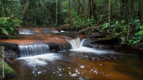 Serene forest stream cascading over rocks surrounded by lush greenery and vibrant flora