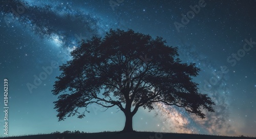 A Serene Night with Lone Tree Under Starry Sky and Milky Way. photo
