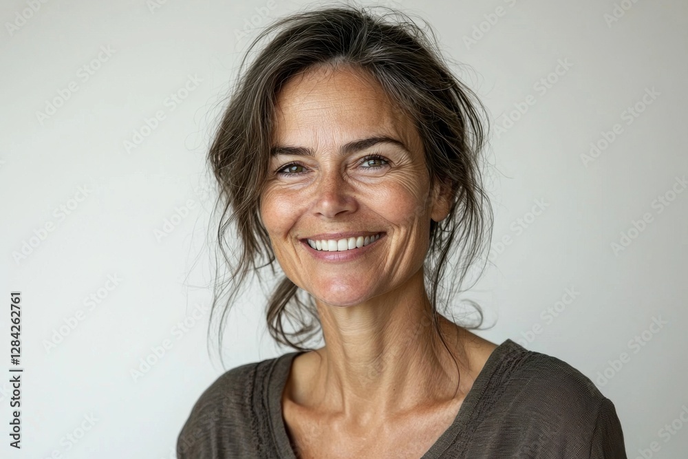 Portrait of a confident mature woman smiling with natural beauty, showcasing a relaxed and authentic lifestyle against a simple, clean backdrop, displaying grace. Portrait of a confident mature woman smiling with natural beauty, showcasing a relaxed and authentic lifestyle against a simple, clean backdrop, displaying grace.