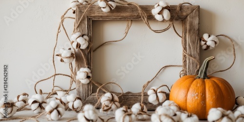 Rustic Aesthetic Frame Mockup with Cotton and Pumpkin Decor photo