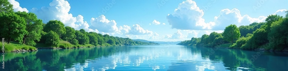 calm river scene under bright blue cloud-filled sky, water, blue calm river scene under bright blue cloud-filled sky, water, blue