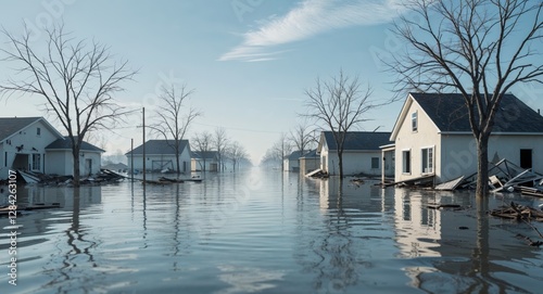 A fictional residential area devastated by flood damage.