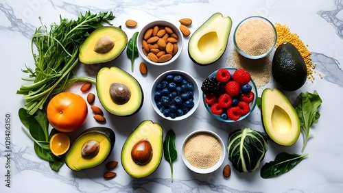 A vibrant flat lay composition featuring an assortment of fresh organic fruits, including citrus, berries, and tropical varieties, artistically arranged on a neutral background.