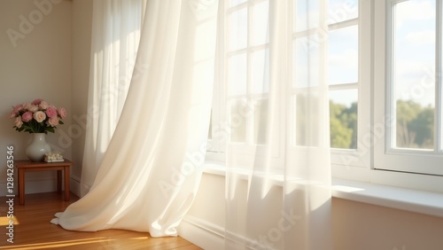 Blowing Sheer Curtains, A soft white sheer curtain billows gently in the breeze from an open window sunlight filtering through casting delicate 