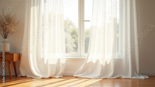 Blowing Sheer Curtains, A soft white sheer curtain billows gently in the breeze from an open window sunlight filtering through casting delicate 