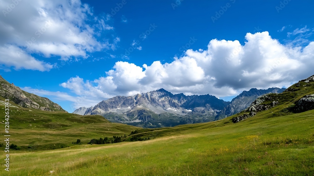 Fototapeta premium Vast mountain landscape under a clear blue sky with soft clouds and lush green meadows : Generative AI