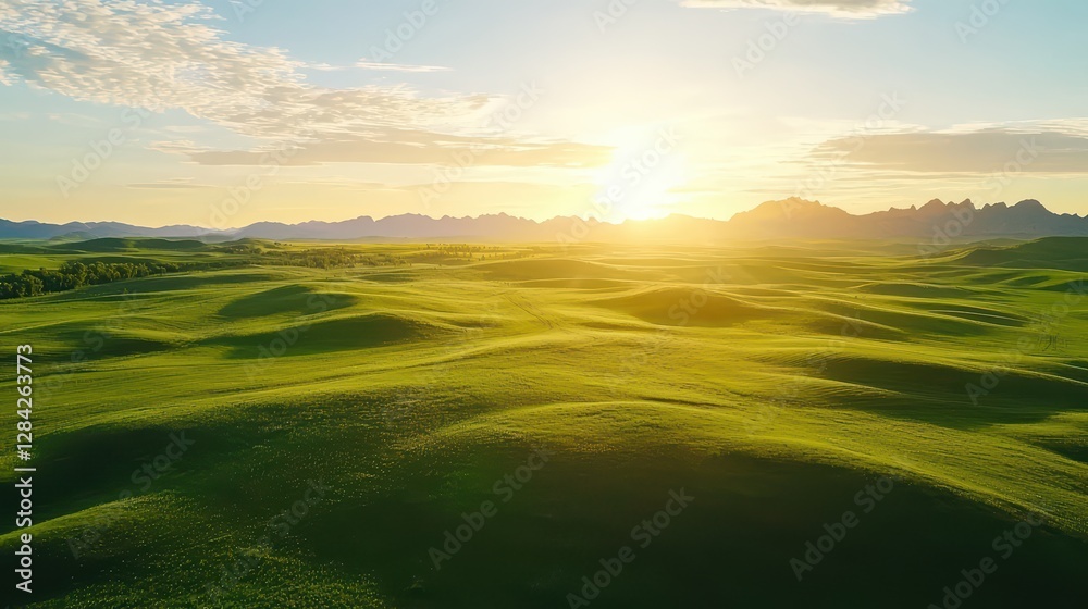 Fototapeta premium Aerial Footage of Vast Green Landscape Captured by Drone at Sunset