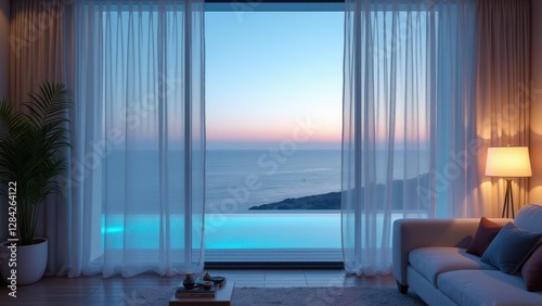 Blowing sheer curtains, Bird's-eye view of sheer curtains swaying in a coastal home ocean hues reflected twilight sky HDR.