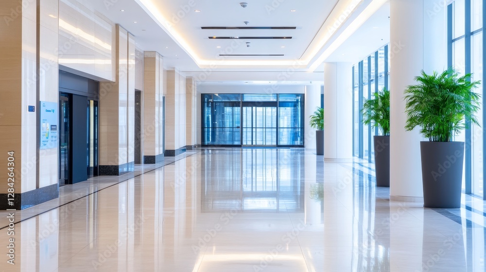 Fototapeta premium Modern, spacious lobby with polished floors, large windows, and decorative plants in a building