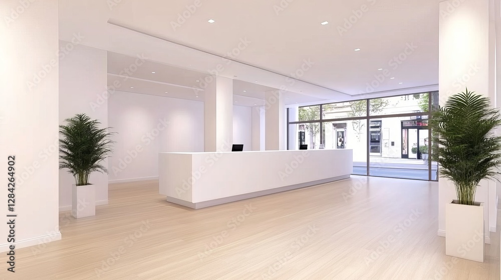 Modern reception area with sleek design, plants, and large windows showcasing the street view Modern reception area with sleek design, plants, and large windows showcasing the street view