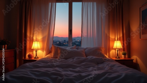 Blowing Sheer Curtains, From a bird's-eye view sheer curtains drift gracefully in a twilight-lit bedroom edges catching sunset hues warm bedside