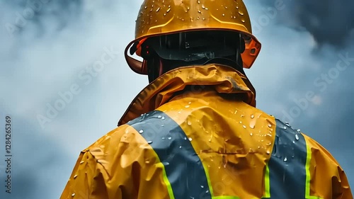 Worker in a yellow rain jacket stands in a foggy environment with raindrops on the fabric