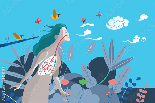 Woman breathing fresh air in a lush natural environment with visible lungs