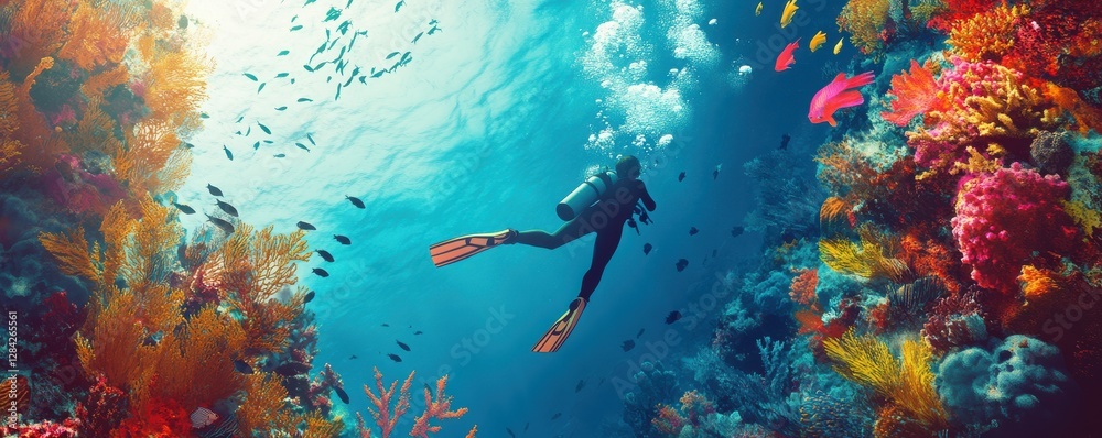 Fototapeta premium Scuba diver exploring vibrant coral reef with colorful fish in sunlit underwater scene