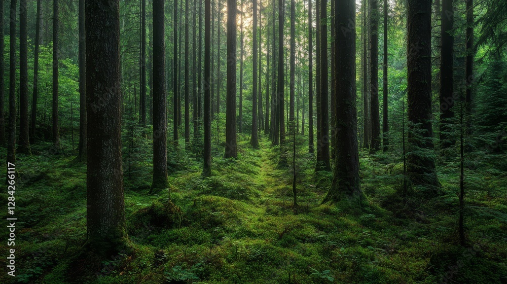 Fototapeta premium Serene forest landscape with tall trees, lush greenery, and soft sunlight filtering through