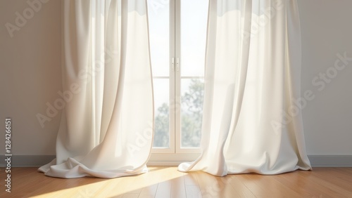 Blowing sheer curtains, Gentle breeze catches white curtains in sunlight soft shadows on hardwood floor serene minimalist room 8K UHD.