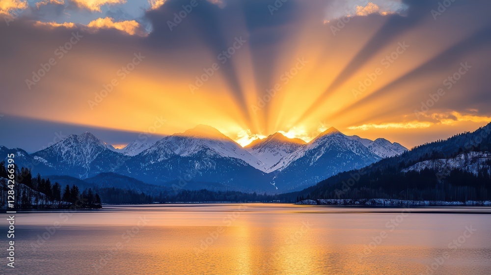 Obraz premium Golden Sunset Casting Warm Light Through Mountain Landscape Reflection