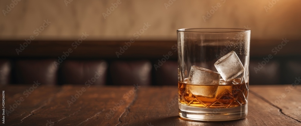 Glass of Whiskey with Ice on a Wooden Surface in a Warm Bar Ambience. Glass of Whiskey with Ice on a Wooden Surface in a Warm Bar Ambience.