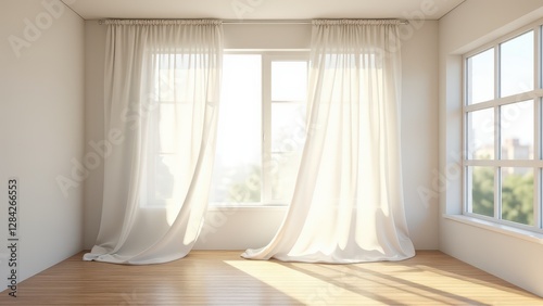 Blowing sheer curtains, Gentle breeze catches white sheer curtains in a sunlit minimalist bedroom with soft shadows and wooden floors. Hyper-rea