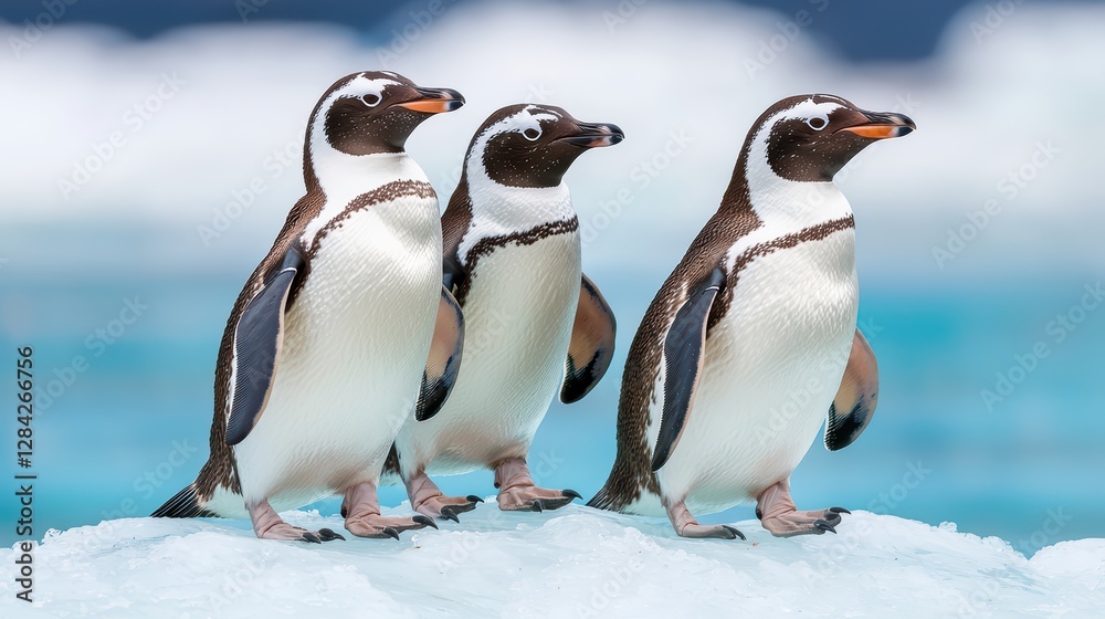 Obraz premium Group of Penguins Waddling on Ice Inside Zoo Enclosure