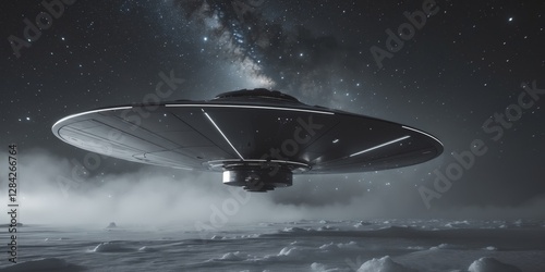 Mysterious spacecraft observed over icy landscape under starry night sky. photo