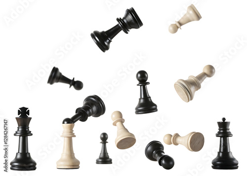 Falling chess pieces on the board isolated on transparent background.png