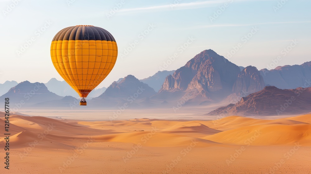 Fototapeta premium Hot Air Balloon Floating Over Vast Desert Landscape at Sunrise