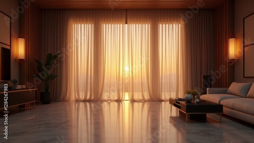 Blowing sheer curtains, Sheer curtains drift gracefully in a twilight room with warm artificial lighting and marble floors. Bird's-eye view hype