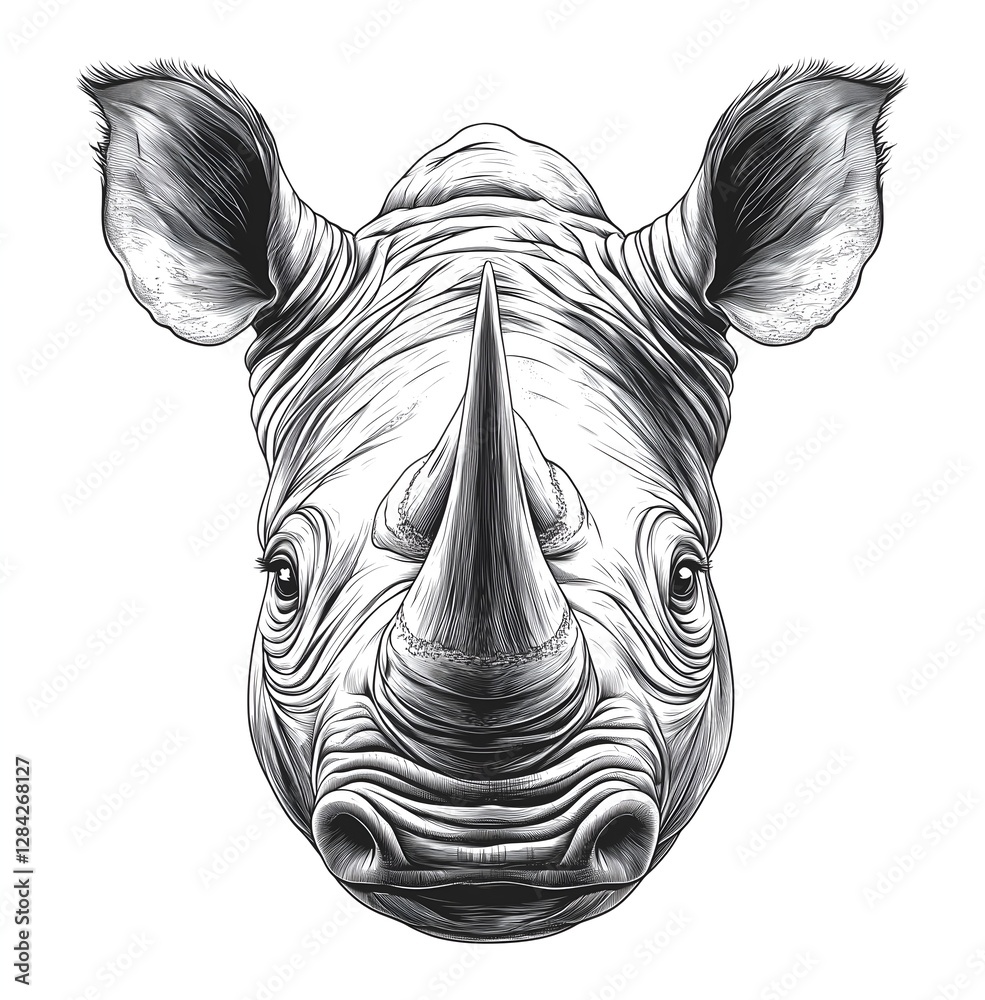 Fototapeta premium Striking rhino head artwork set against a bold black and white background for contrast