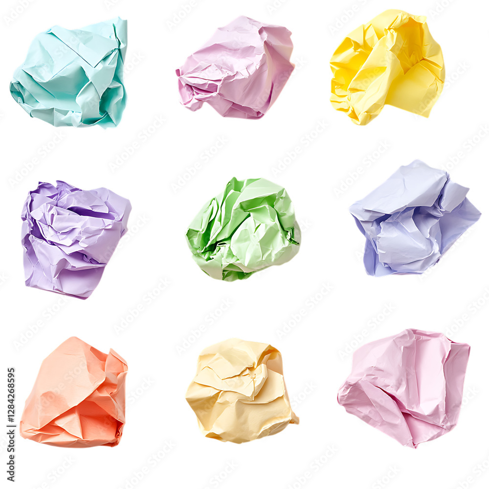 Fototapeta premium Nine Pastel Colored Crumpled Paper Scraps PNG Against Transparent Background for Creative Design, Abstract Concepts, or Artistic Projects