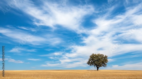 Majestic solitary tree standing in a golden field under a wide blue sky filled with fluffy clouds : Generative AI photo