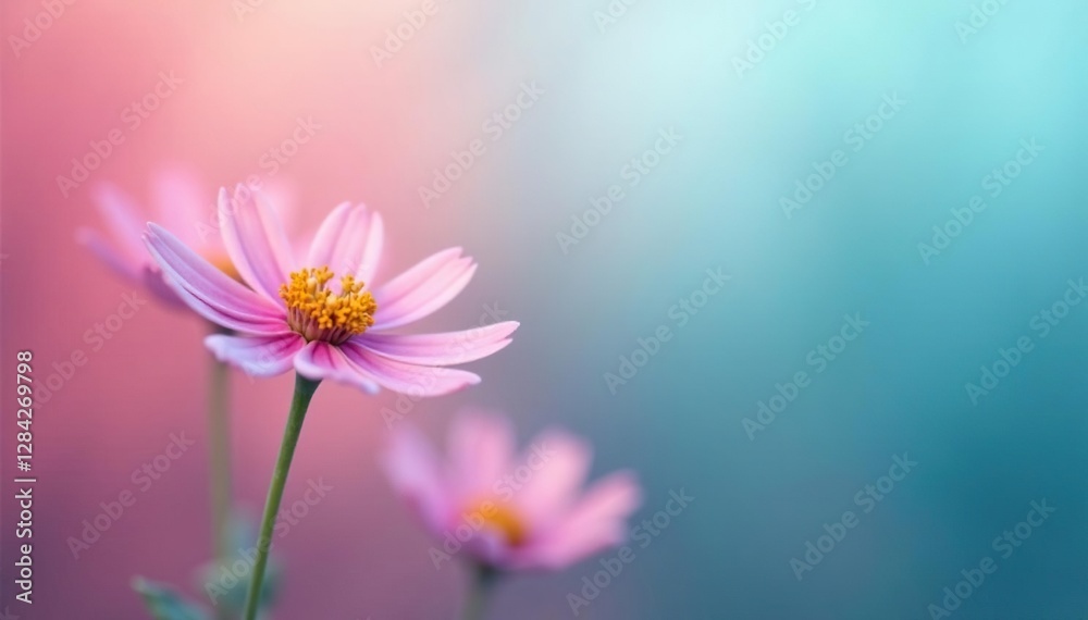 A delicate flower blooming in a garden amidst a gentle pink and blue gradient, botanical, gradient, garden A delicate flower blooming in a garden amidst a gentle pink and blue gradient, botanical, gradient, garden