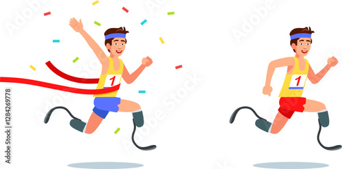 Motivation and perseverance: runner with prosthetic legs achieves success. Flat style vector illustration clipart