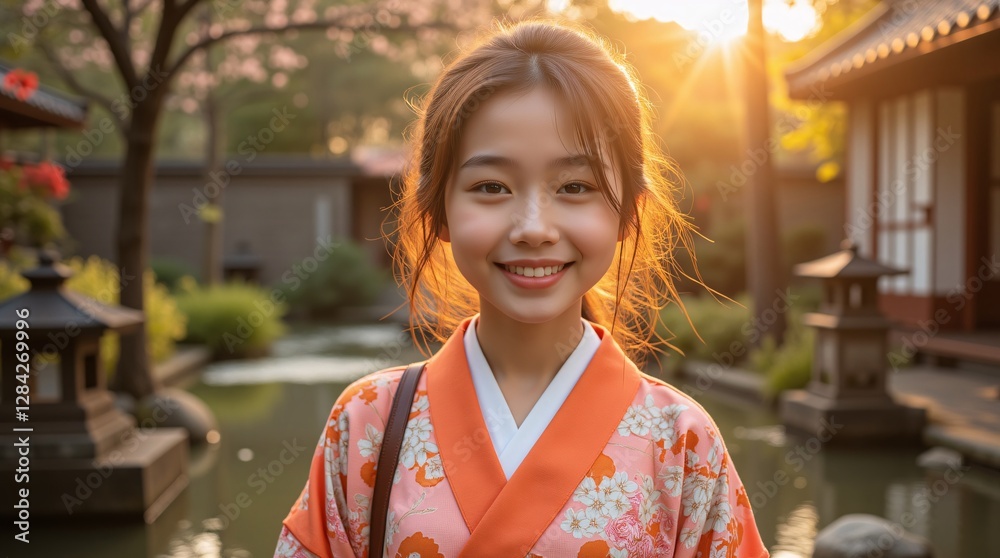 Radiant smile, peach kimono, golden hour sun. Serene Asian garden backdrop. Pure joy! Radiant smile, peach kimono, golden hour sun. Serene Asian garden backdrop. Pure joy!