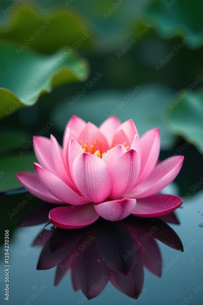 Soft pink lotus blooms float on glassy pond surface, dew drops, lotus flowers Soft pink lotus blooms float on glassy pond surface, dew drops, lotus flowers