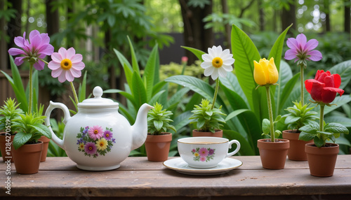 Wallpaper Mural Whimsical tea party with floral teapot in blooming garden, celebration Torontodigital.ca