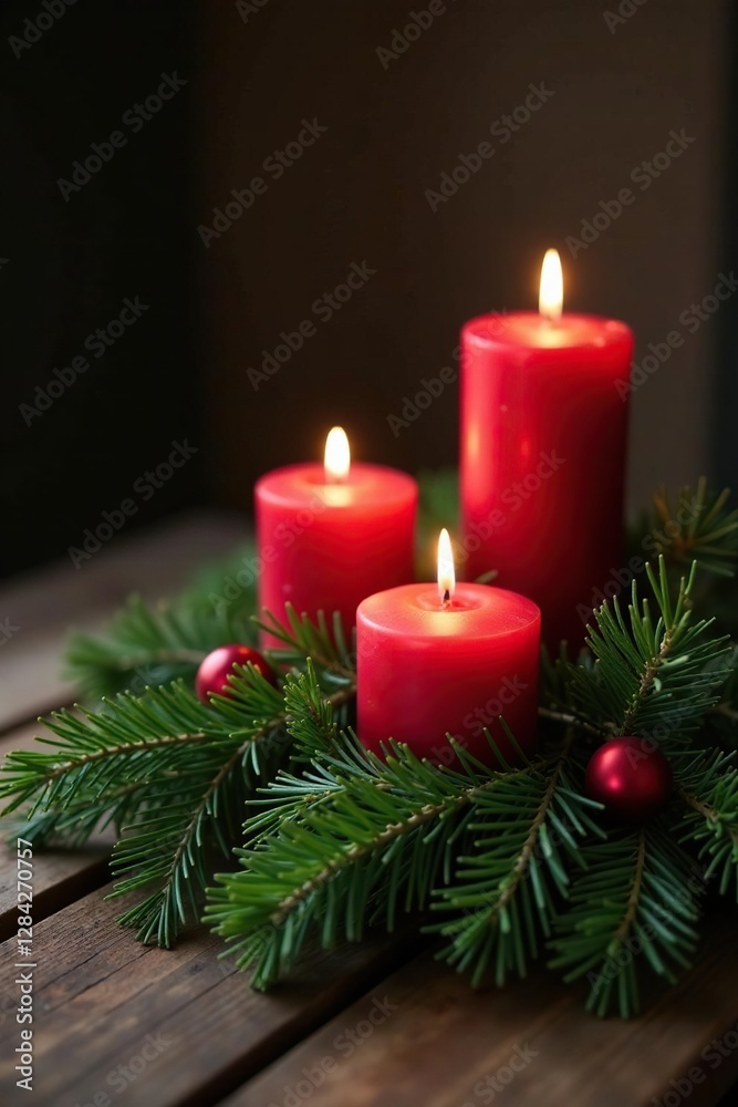 Candles and evergreen branches on a rustic table, christmas, decorations, holiday Candles and evergreen branches on a rustic table, christmas, decorations, holiday