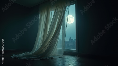 Blowing sheer curtains, Side view of sheer curtains swept by wind in dim room moonlight streaming eerie yet captivating.