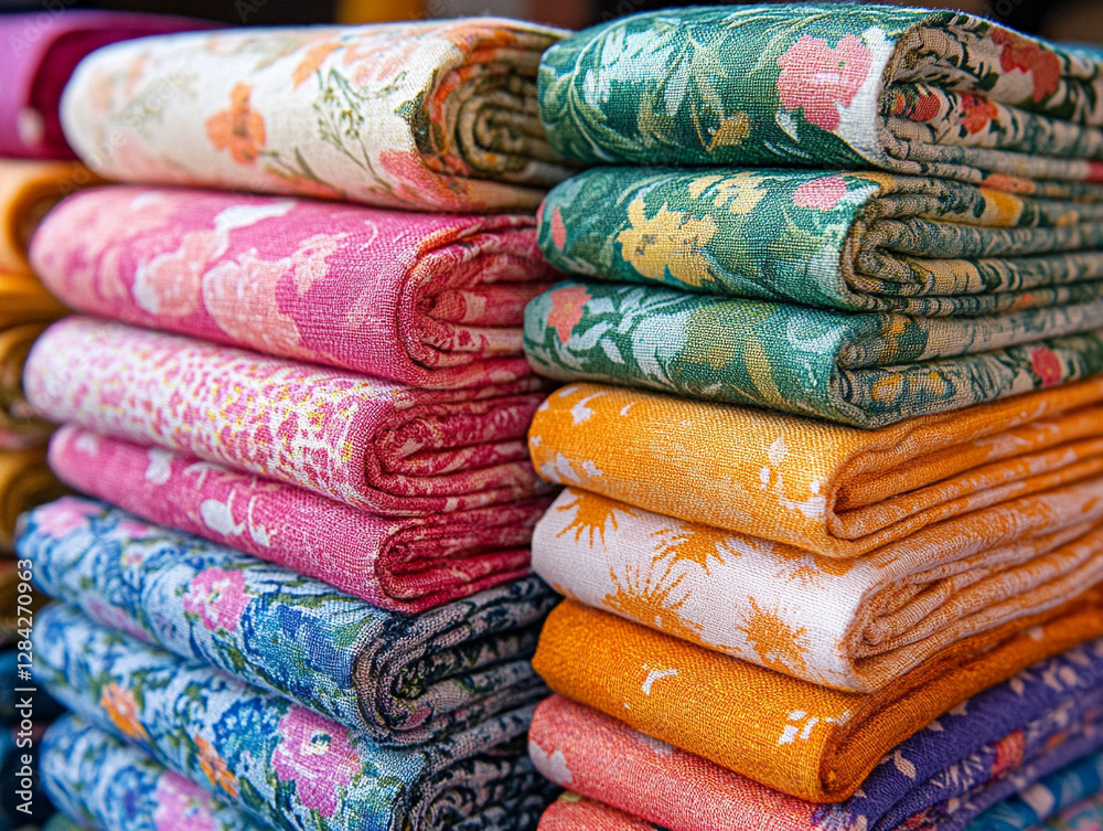 Vibrant fabrics stacked neatly in a market Vibrant fabrics stacked neatly in a market