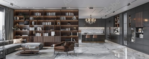 Modern living area with gray tones, bookshelves, dark wood paneling, white marble floor, and chandelier. Kitchen visible.