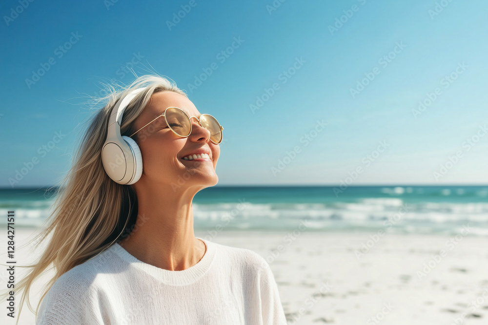 Stylish blonde woman wearing sunglasses and headphones, relaxing by the ocean
Stylish blonde woman wearing sunglasses and headphones, relaxing by the ocean