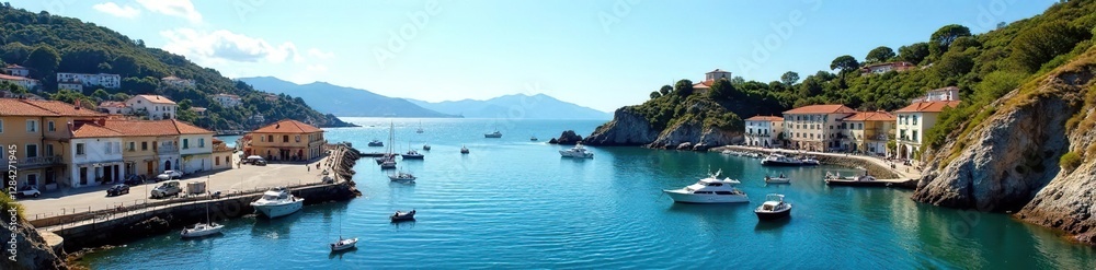 Vista del puerto de Cudillero con barcos y faro, boats, ship Vista del puerto de Cudillero con barcos y faro, boats, ship