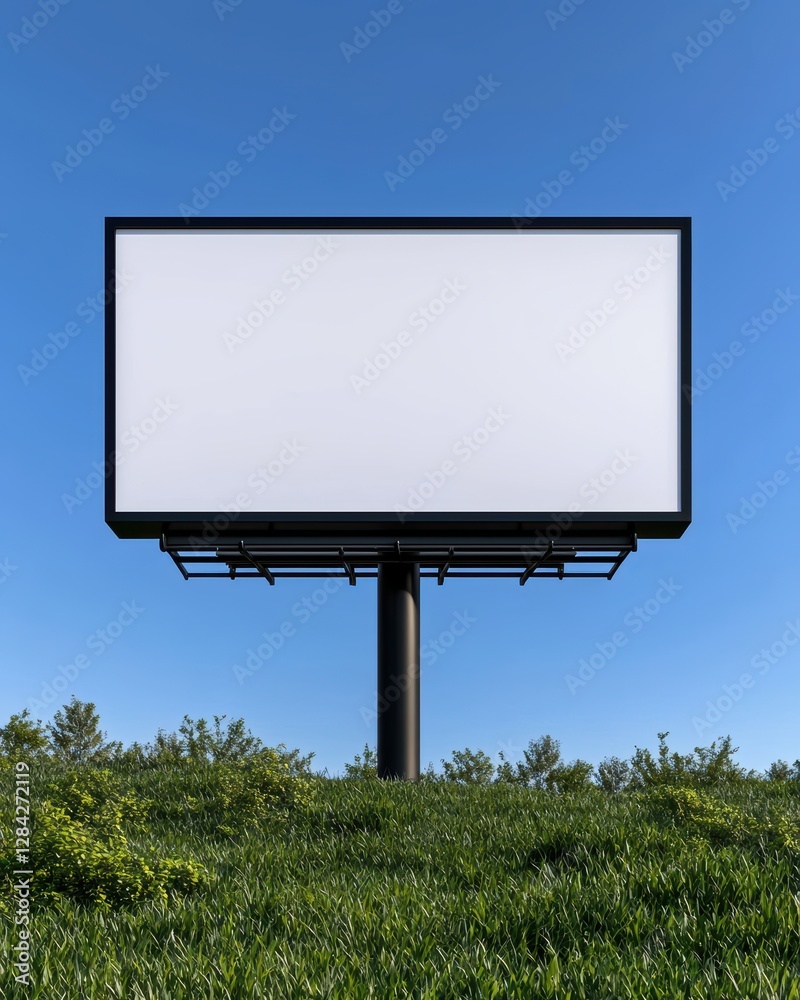 Obraz premium An empty billboard standing prominently in a green landscape under a clear blue sky.