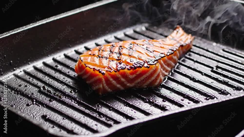 A fresh salmon fillet with perfect grill marks sizzles on a black grill pan, with smoke rising, highlighting the rich texture and golden seared surface of the fish